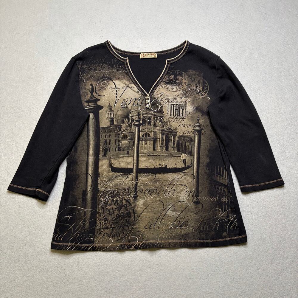 Blue Canyon Venice Italy Graphic Top Women’s XL Brown 3/4 Sleeve Shirt  Y2K
